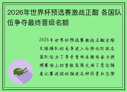 2026年世界杯预选赛激战正酣 各国队伍争夺最终晋级名额