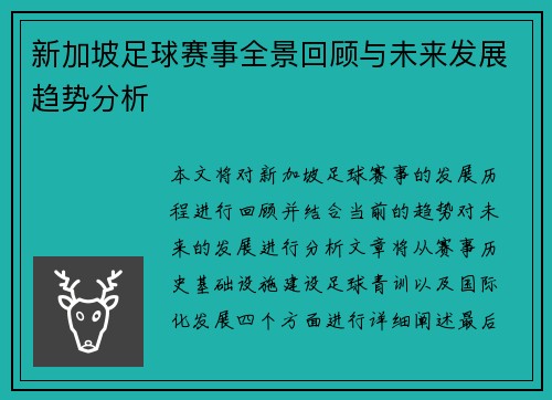 新加坡足球赛事全景回顾与未来发展趋势分析