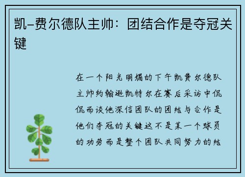 凯-费尔德队主帅：团结合作是夺冠关键