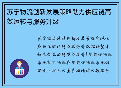 苏宁物流创新发展策略助力供应链高效运转与服务升级