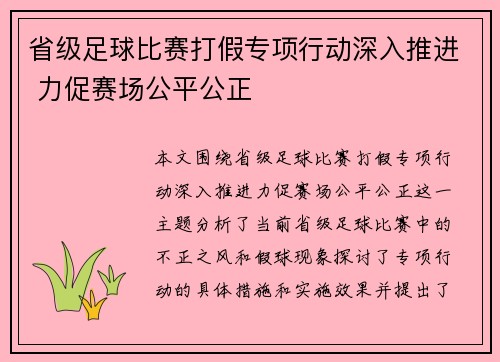 省级足球比赛打假专项行动深入推进 力促赛场公平公正