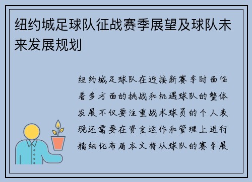 纽约城足球队征战赛季展望及球队未来发展规划