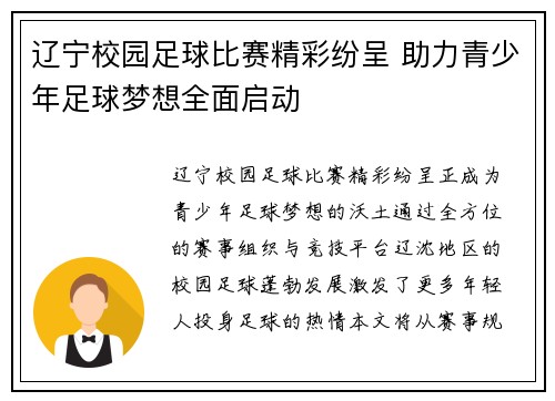 辽宁校园足球比赛精彩纷呈 助力青少年足球梦想全面启动