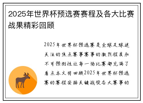 2025年世界杯预选赛赛程及各大比赛战果精彩回顾