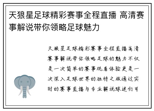 天狼星足球精彩赛事全程直播 高清赛事解说带你领略足球魅力