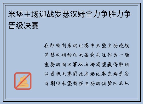 米堡主场迎战罗瑟汉姆全力争胜力争晋级决赛