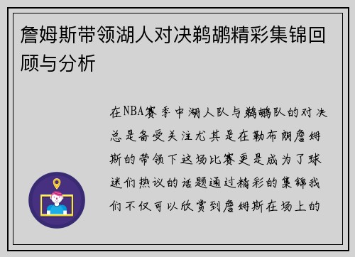 詹姆斯带领湖人对决鹈鹕精彩集锦回顾与分析