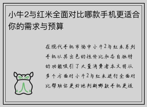 小牛2与红米全面对比哪款手机更适合你的需求与预算