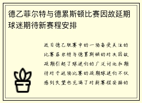 德乙菲尔特与德累斯顿比赛因故延期球迷期待新赛程安排
