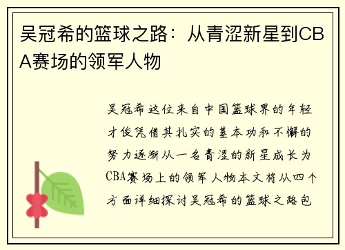 吴冠希的篮球之路：从青涩新星到CBA赛场的领军人物