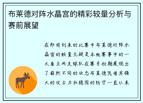 布莱德对阵水晶宫的精彩较量分析与赛前展望