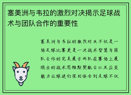 塞美洲与韦拉的激烈对决揭示足球战术与团队合作的重要性