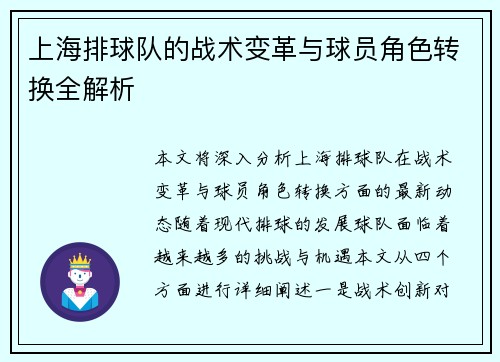 上海排球队的战术变革与球员角色转换全解析
