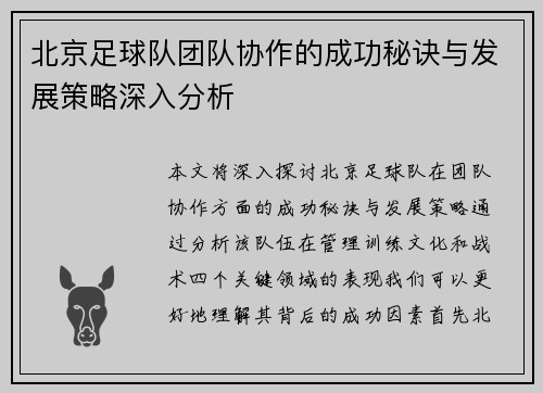 北京足球队团队协作的成功秘诀与发展策略深入分析