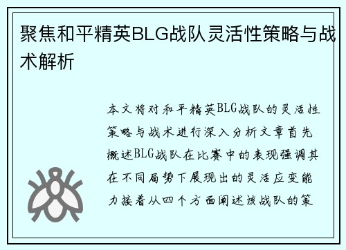 聚焦和平精英BLG战队灵活性策略与战术解析