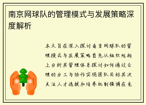 南京网球队的管理模式与发展策略深度解析