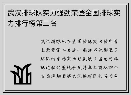 武汉排球队实力强劲荣登全国排球实力排行榜第二名
